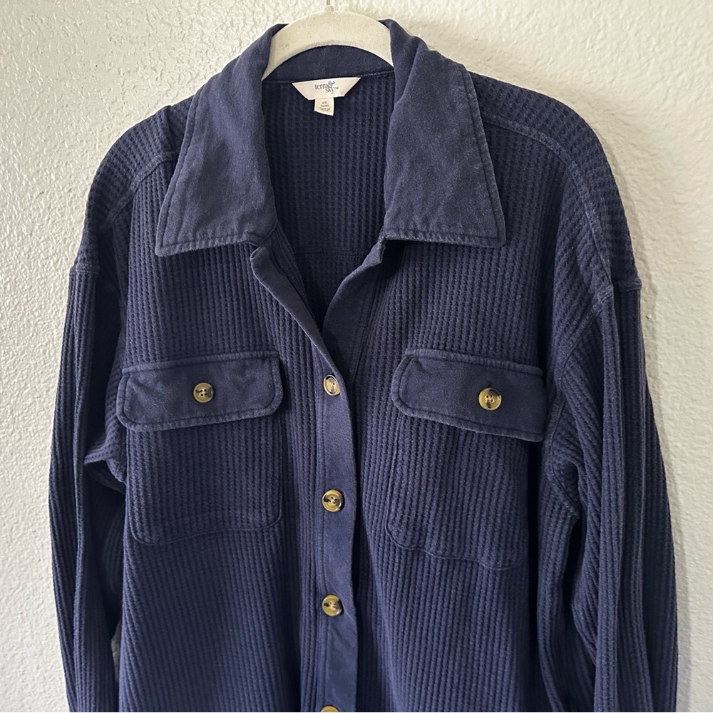 Terra & Sky |  100% Cotton Waffle Knit Button Down Top, Size 14W